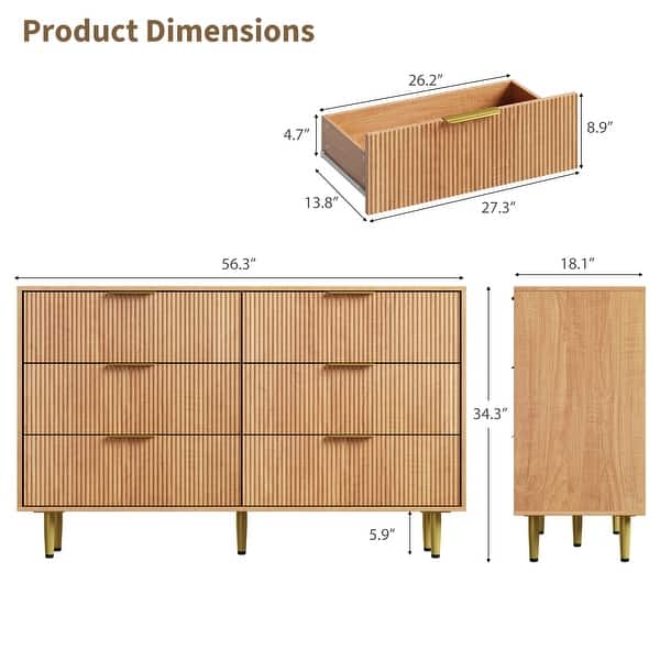 dimension image slide 5 of 15, Modern Natural Wood Color Fluted Dresser, Wooden Chest with Gold Metal Handles & Legs