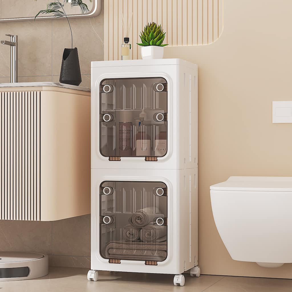 Javlergo 2-Tier White Foldable Stackable Narrow Storage Bins ABS Waterproof Storage Cabinet for Living Room Bedroom Bathroom