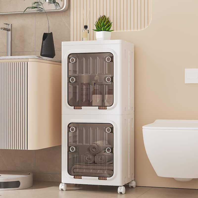 Javlergo 2-Tier White Foldable Stackable Narrow Storage Bins ABS Waterproof Storage Cabinet for Living Room Bedroom Bathroom - White