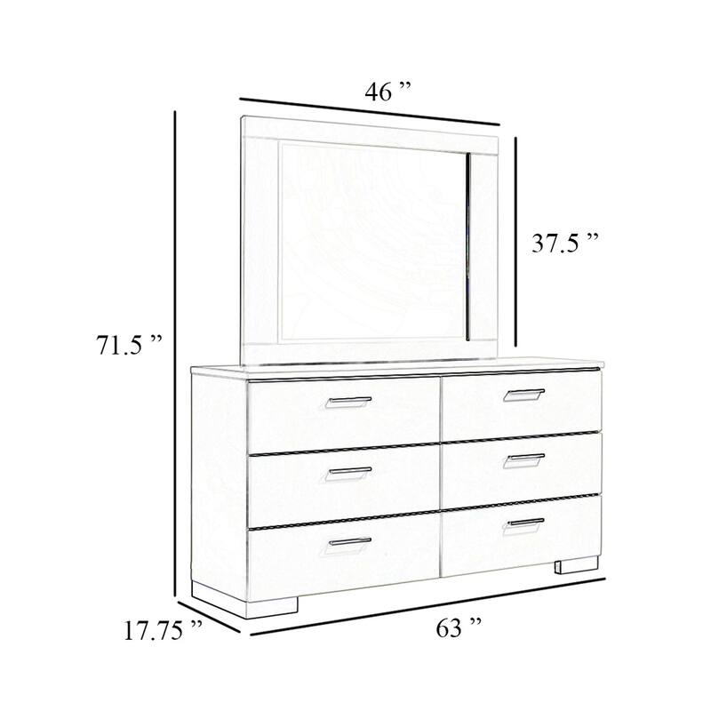 Sok Wide Dresser with LED Mirror, 6 Drawers, White High Gloss Finish