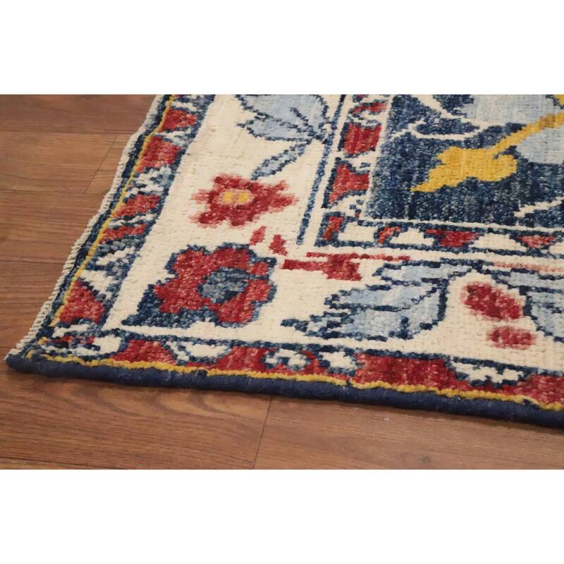 Hand Knotted Oriental 100% Wool Carpet Transitional Floral Navy Blue & Blues Oushak Area Rug - 6' 6'' X 5' 3''