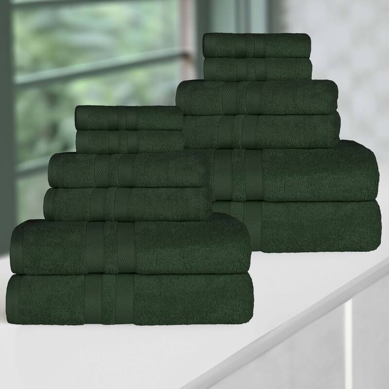 Superior Ultra-Soft Cotton Solid Quick-Drying 12 Piece Towel Set - Forest Green