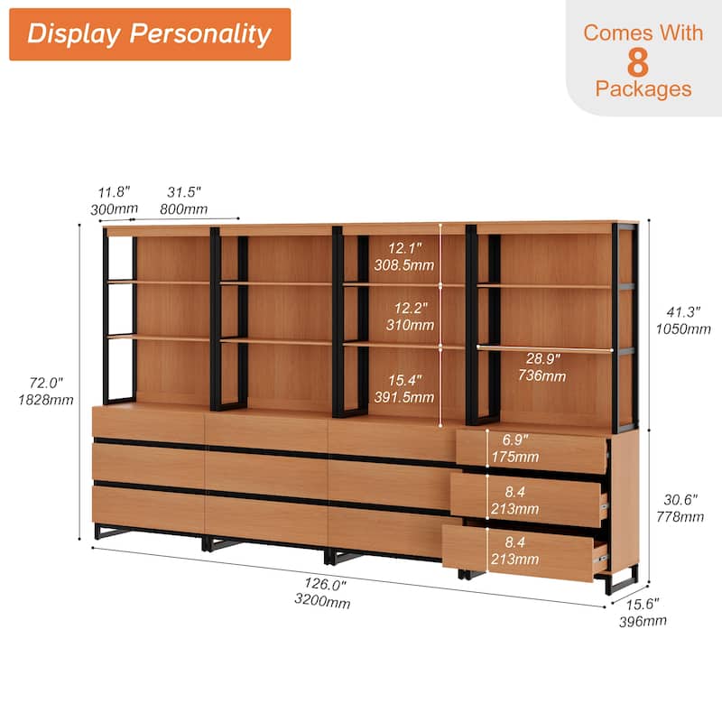 WAMPAT Modern 72" Tall Bookcase with Drawers and Open Book Shelfs, Library Book Shelf for Home Office, Living Room