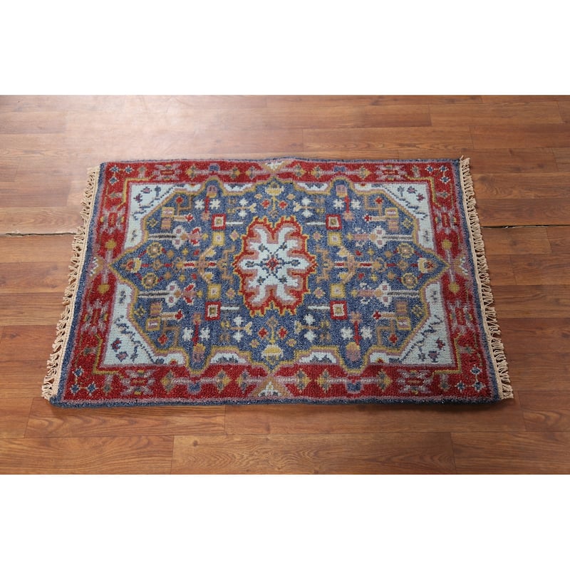 Blue Geometric Kazak Indian Accent Rug Hand-Knotted Wool Carpet - 2'0"x 3'0"