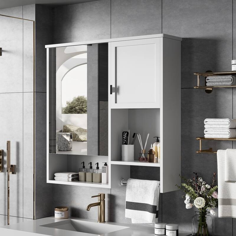 Wall-Mounted Bathroom Medicine Cabinet with Mirror, Adjustable Shelves & Towel Bar - Space-Saving Storage Solution