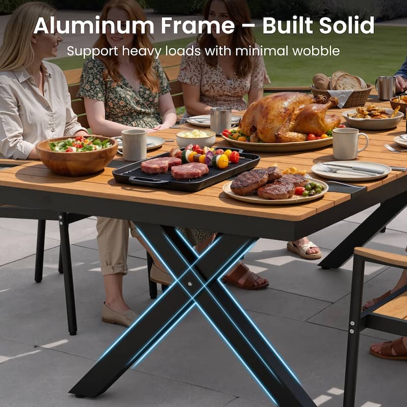 Outdoor Patio Dining Table with LED Light Strip Aluminum Rectangular X-Shaped with Umbrella Hole