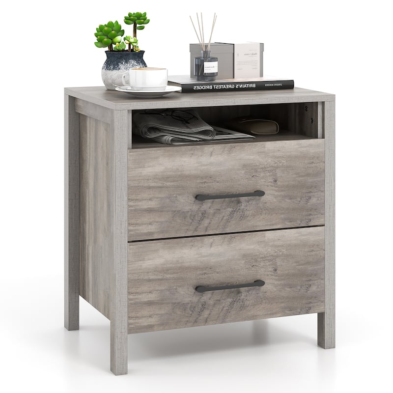 Gymax Nightstand w/ 2 Drawers Farmhouse Bed Side Table w/ Open Storage - Grey - MDF