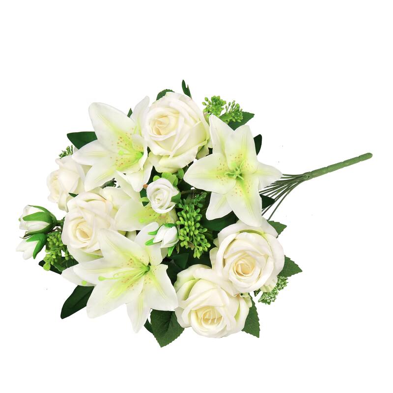 Set of 2 Cream White Artificial Mixed Rose Stargazer Lily Flower Stem Bush Bouquet 18in - 18" L x 11" W x 11" DP