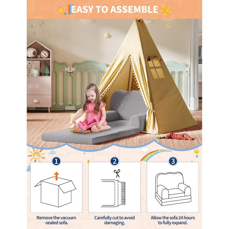 Kids Couch, 2-in-1 Convertible Teddy Fleece Fabric Toddler Sofa Chair
