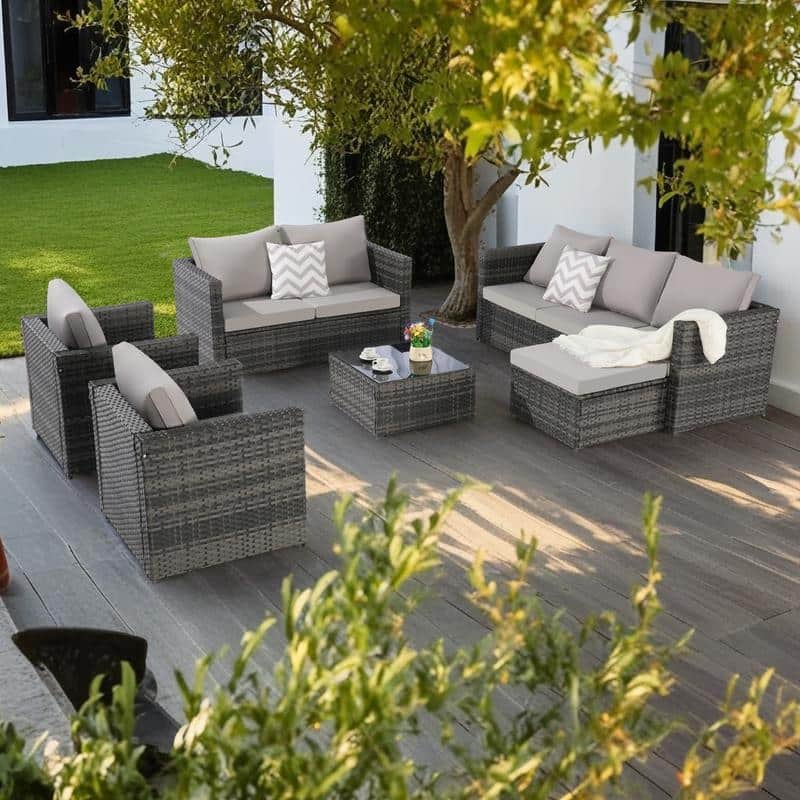 6-Piece Outdoor Patio Rattan Conversation Sectional Sofa Set with Tempered Glass Coffee Table and 2 Armchair - Light Gray