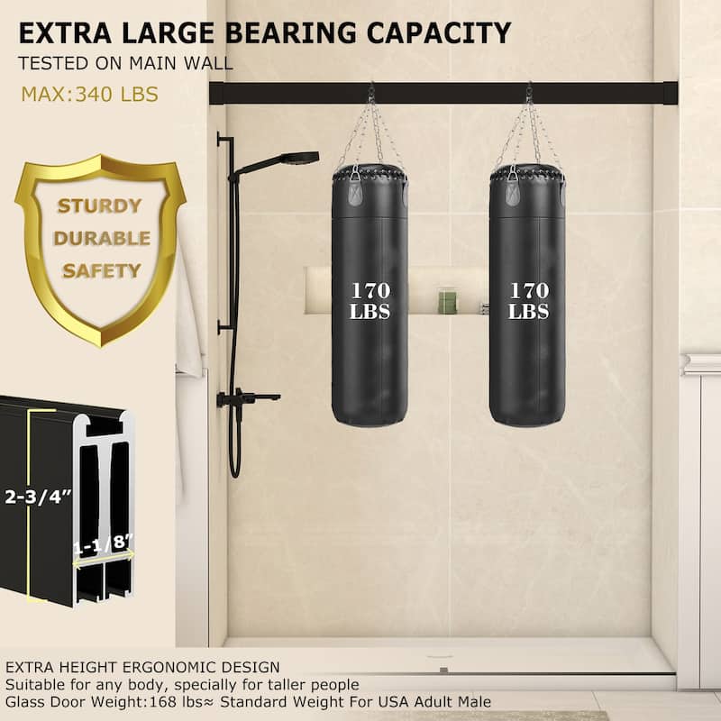 Double Sliding Door Soft-Closing System Frameless Corner Shower Enclosure in Matte Black 5/16 in.Tempered Glass