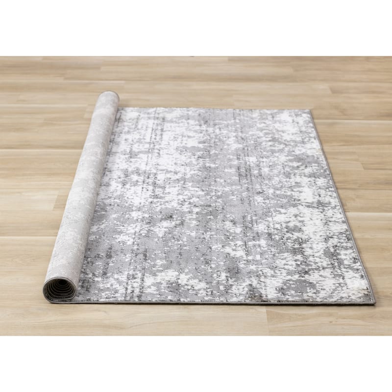 Washable Grey White Abstract Art Area Rug