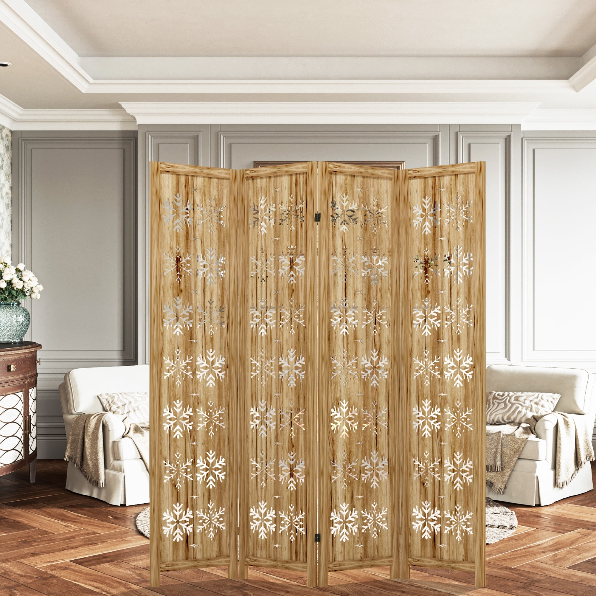 Wooden Room Divider Folding Privacy Screen with Snowflake Cutout Pattern Freestanding Space Partition