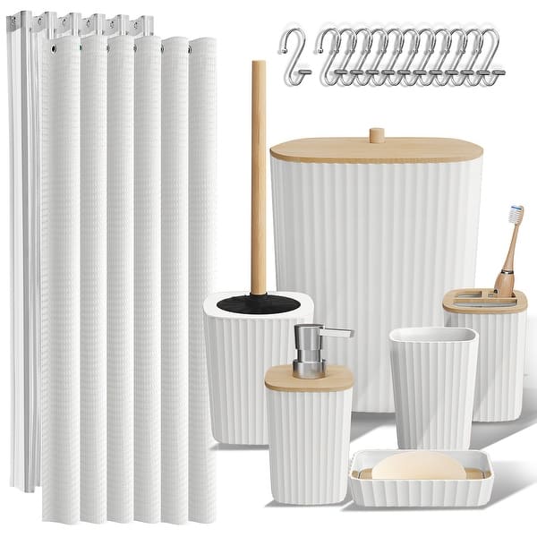 slide 2 of 9, Clara Clark Bamboo Bathroom Accessories Set with Shower Curtain Set, Toilet Brush, Trash Can & Soap Dispenser Complete Set - White