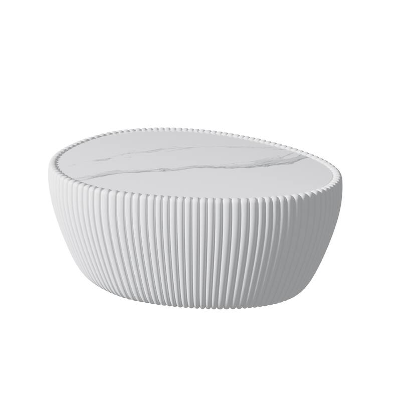 Modern Drum Coffee Table, Goose Egg Shape Coffee Table with Marble Top & Pu Frame, Luxury Center Side Table for Small Space