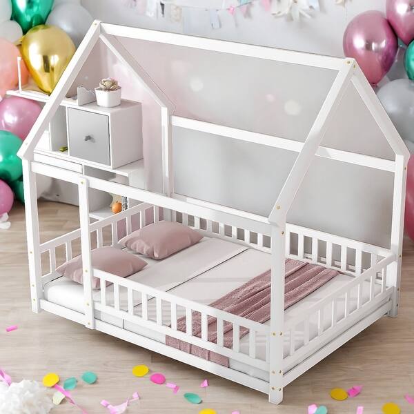 slide 2 of 13, Full Size Floor Wooden Bed House Bed with House Roof Frame and Fence Guardrails White