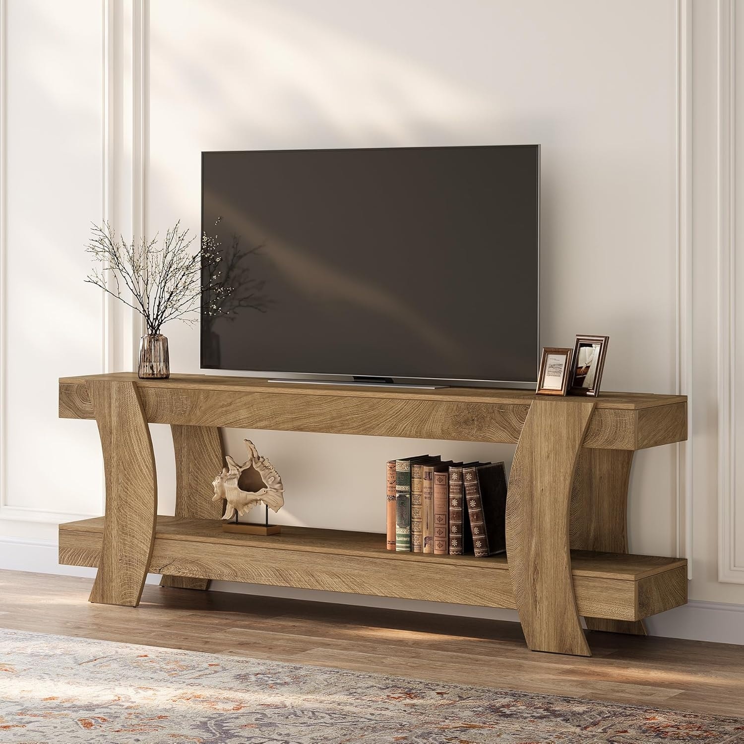 63" Wooden TV Stand for 55/60/65/70-Inch TVs, Farmhouse Media Console with 2 Open Shelf
