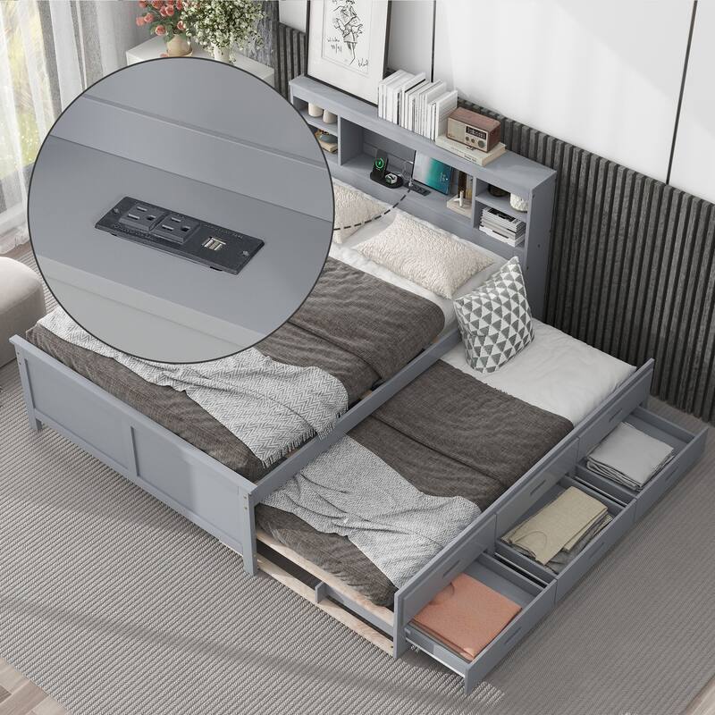 Twin/Full Size Storage Platform Bed with Bookcase Headboard and 3 Drawers, Wood Platform Bed with Twin Size Trundle and USB Port - Grey - Full