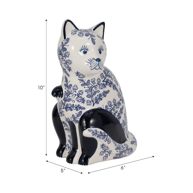 Ceramic Cat Sculpture Contemporary Vintage Style Chinoiserie Blue and White Floral Cat Statue Cat Lover