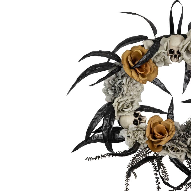 Skulls with Roses Halloween Foliage Wreath - 14" - Orange, Gray and Black - Unlit