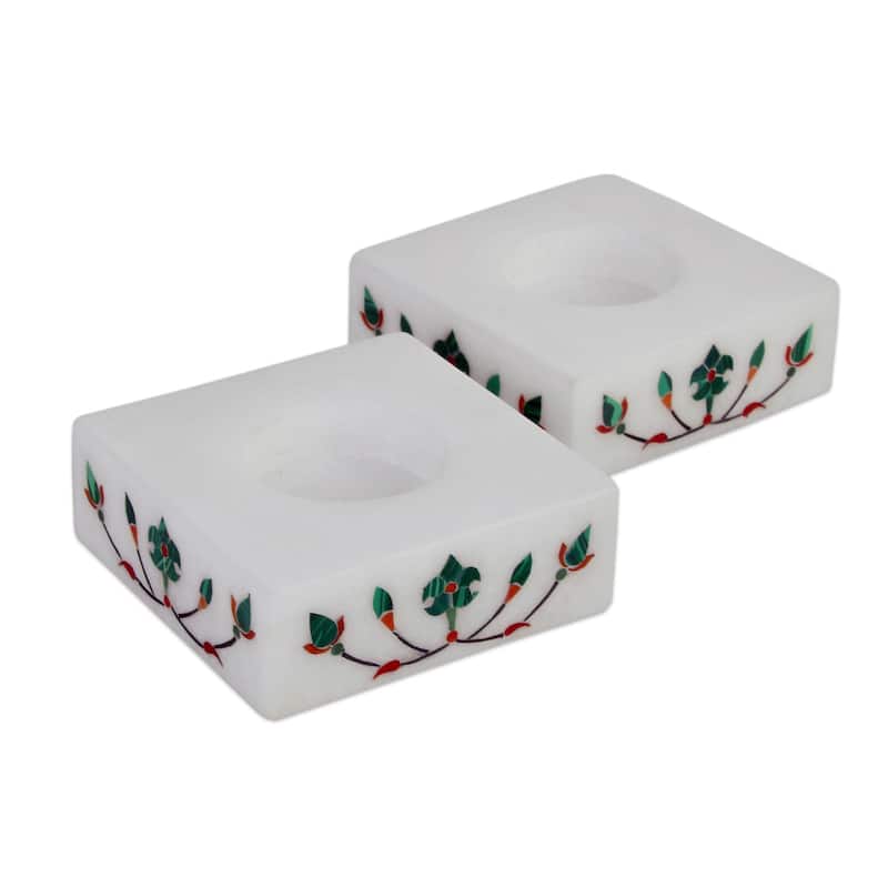 Handmade Blooming Buds in Green (Pair) Marble tealight holders (India) - 18 x 18 x 13