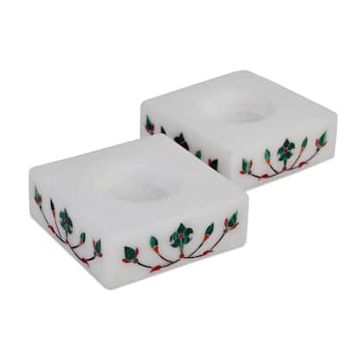 Handmade Blooming Buds in Green (Pair) Marble tealight holders (India) - 18 x 18 x 13