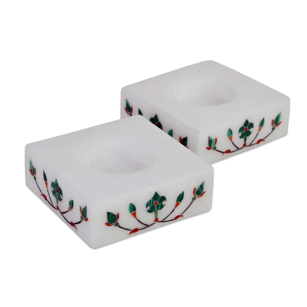 Handmade Blooming Buds in Green (Pair) Marble tealight holders (India) - 18 x 18 x 13