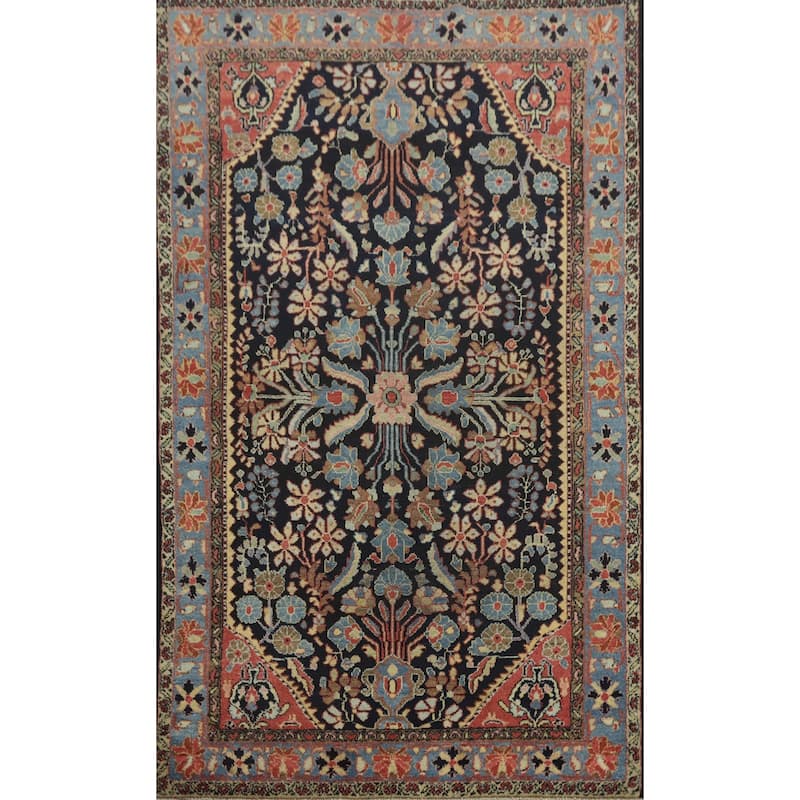 Hand Knotted Oriental 100% Wool Carpet Traditional Floral Navy Blue & Blues Lilian Area Rug - 6' 11'' X 4' 4''