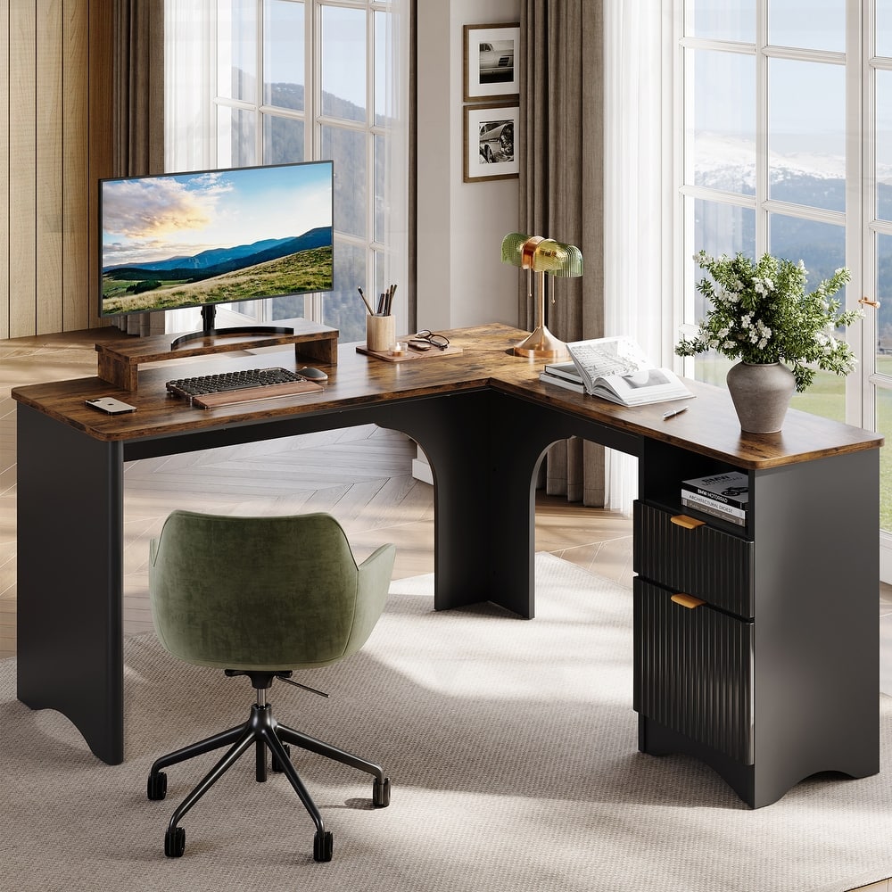 Bestier 56"W Modern L-Shaped Corner Computer Desk With Filing Drawer