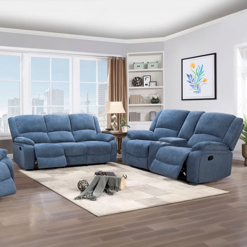 Roundhill Furniture Blitz Transitional 2-Piece Living Room Reclining Set, Sofa and Loveseat - Blue