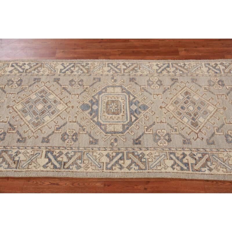 Hand Knotted Oriental 100% Wool Carpet Transitional Geometric Beige & Ivories Oushak Runner Rug - 11' 7'' X 3' 1''