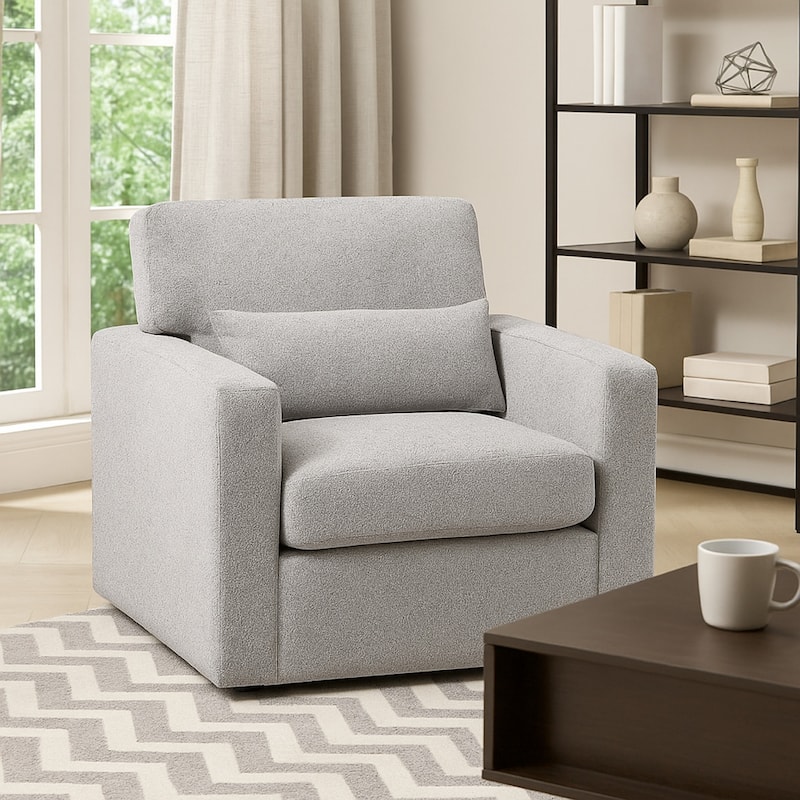 Ompa Swivel Armchair with Lumbar Pillow, Cloud Gray Boucle