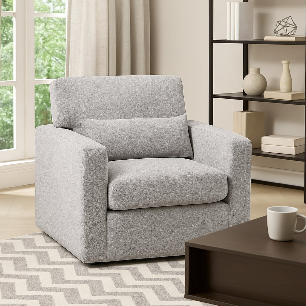 Ompa Swivel Armchair with Lumbar Pillow, Cloud Gray Boucle