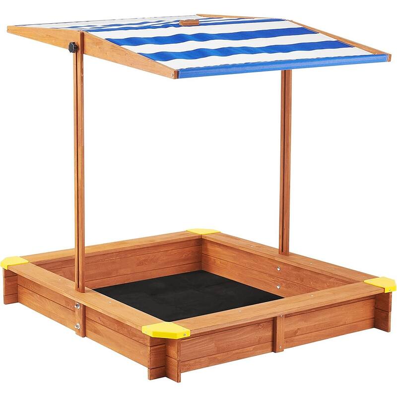 Kids Sandbox with Adjustable Cover, 46'' Wooden Sand Box with 2 Foldable Bench Seats, Outdoor Sandpit for Backyard Play - Reddish Brown
