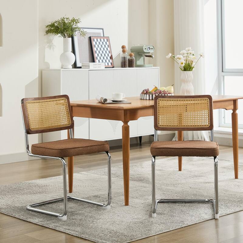 GDF Studio - Mid-Century Linen Dining Chairs with Natural Rattan Cane Back & Chrome Cantilever Base, Set of 2