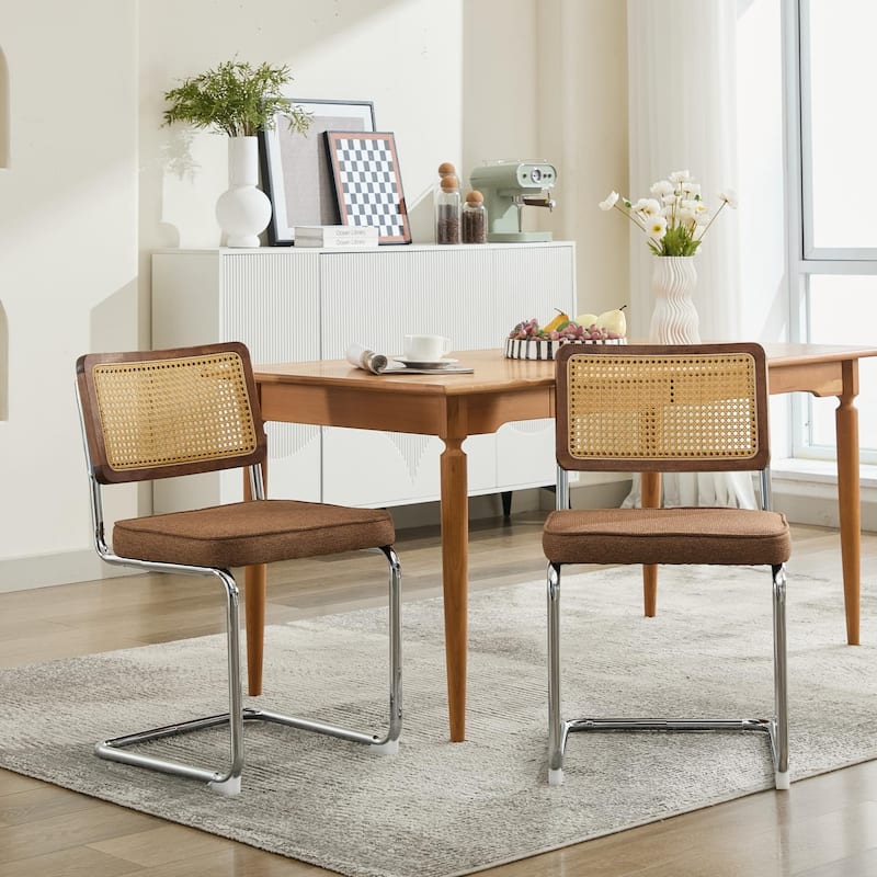 Modern Dining Chairs Set of 2, Velvet Accent Chairs with Natural Cane Back & Stainless Chrome Base, Upholstered Rattan Chairs