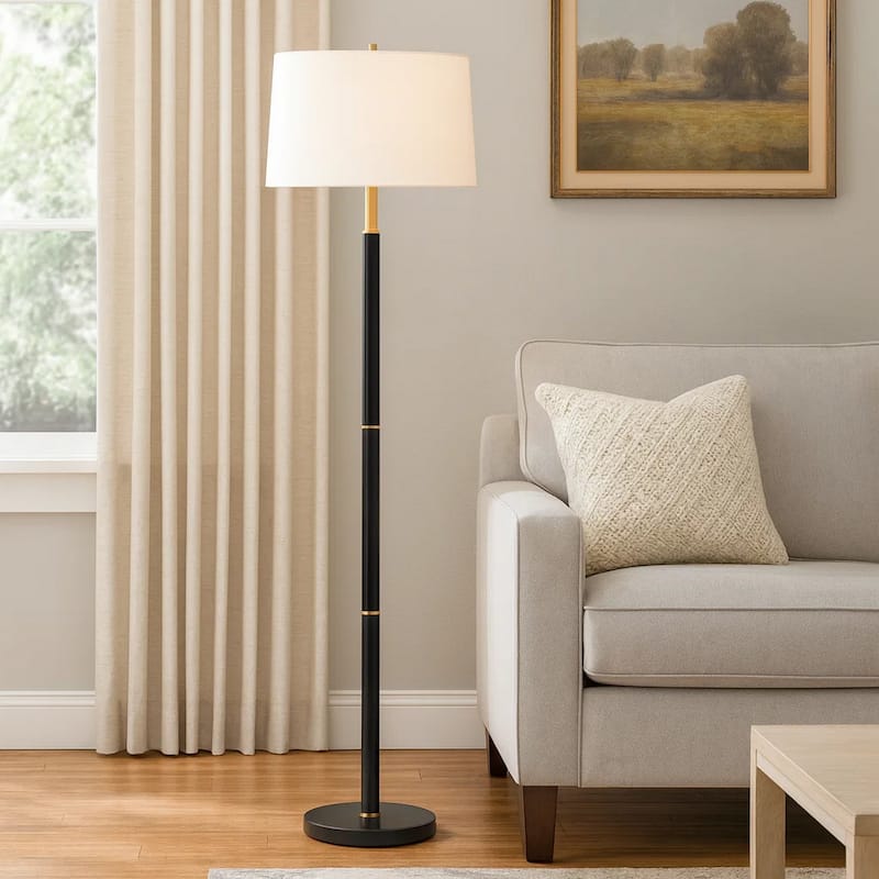 62 Inch Floor Lamp, White Tapered Hardback Shade, Black with Gold Accents