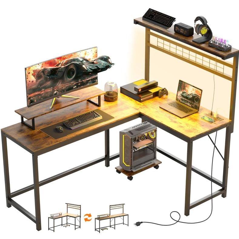 Computer Desk with Monitor Stand and CPU Shelf,L Shaped Gaming Desk with Power Outlets & LED Lights