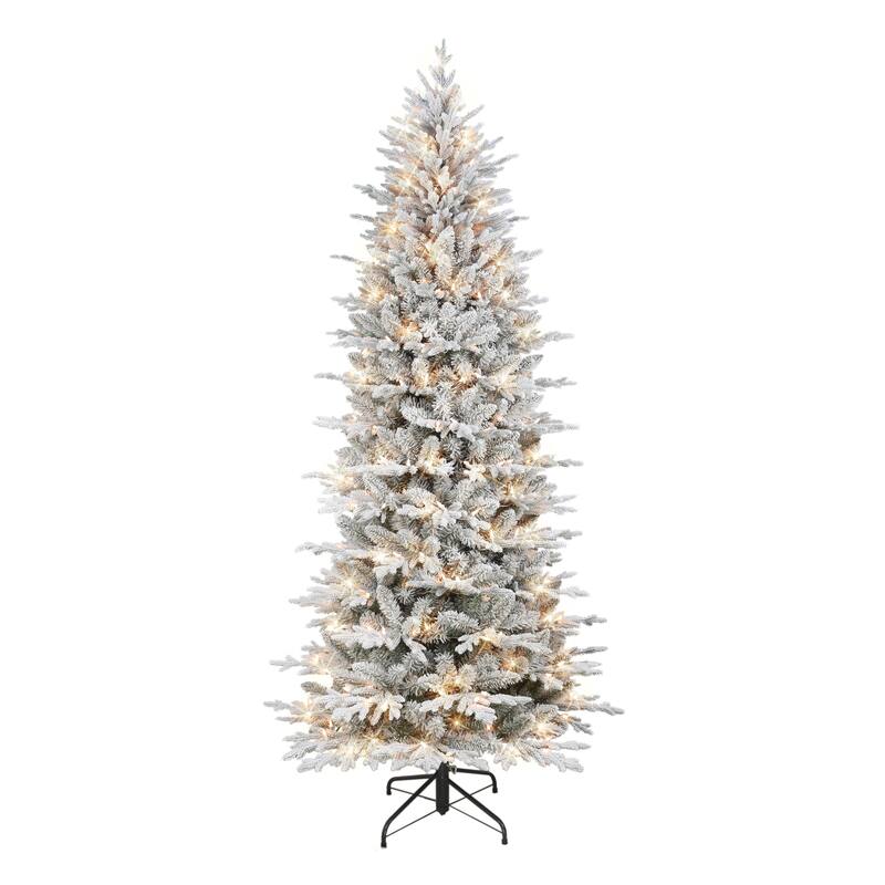 Puleo International 7.5 ft. Pre-lit Slim Flocked Northern Fir Artificial Christmas Tree