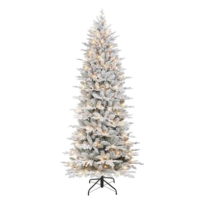 Puleo International 7.5 ft. Pre-lit Slim Flocked Northern Fir Artificial Christmas Tree