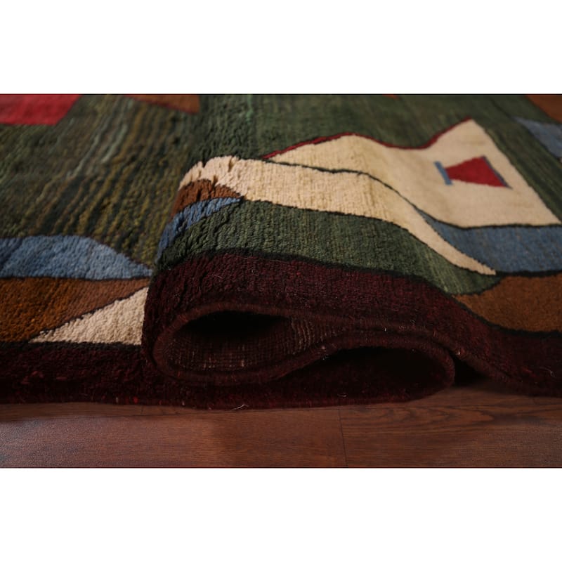 Green Geometric Gabbeh Persian Area Rug Hand-Knotted Wool Carpet - 6'5"x 10'2"