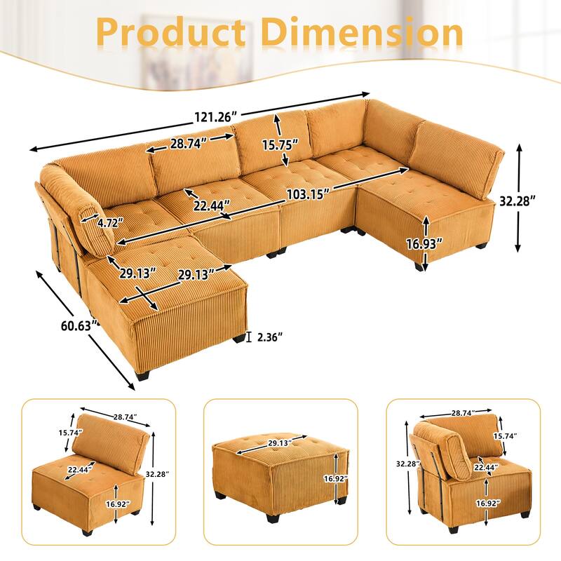 121.26" Corduroy Modular Sectional Sofa 6- Seat U Shaped Couch with Reversible Chaise and Ottoman