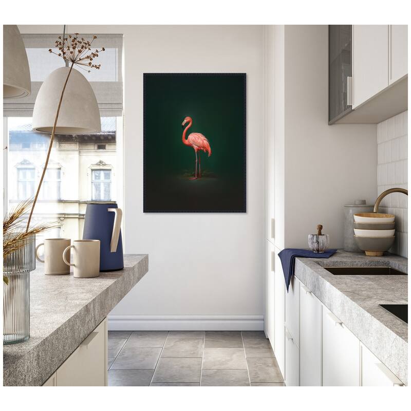 Kate and Laurel Flamingo Side View Rich Green Backdrop by The Creative Bunch Studio Framed Canvas Wall Art Print