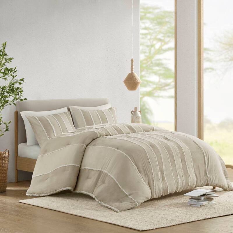 INK+IVY Shay 3 Piece Striped Cotton Comforter Set - Taupe - Queen