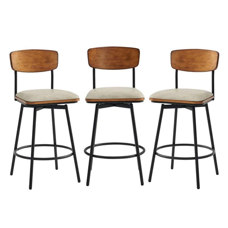 Spruce & Spring Claire Swivel Counter Height Bar Stool Set - Set of 3 - Sand Grey-Faux Leather - Counter Height