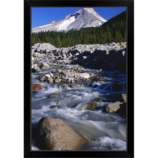 "River and forest below Mt Hood, Oregon" Black Framed Print