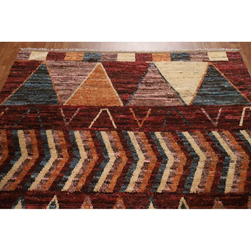 Hand Knotted Oriental 100% Wool Carpet Modern Tribal Red Moroccan Area Rug - 9' 11'' X 6' 4''
