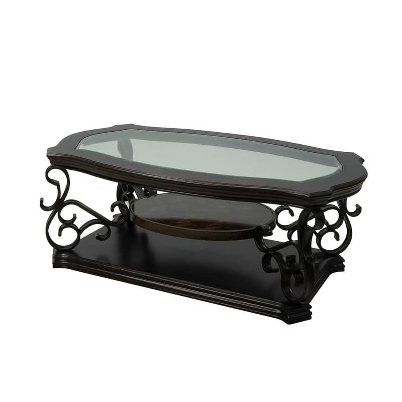 Elegant 52" Traditional Cocktail Table with Beveled Glass Top and Marble Paper Shelf
