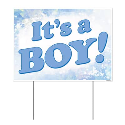 16.5" blue and white rectangular "it's a boy!" yard sign