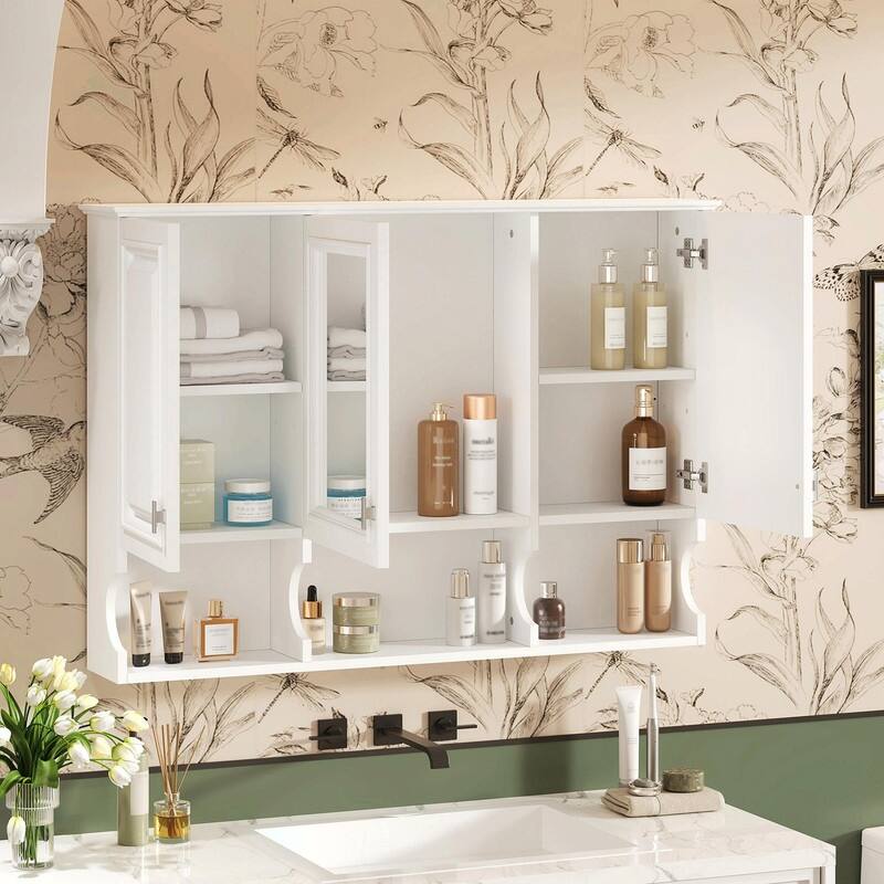 41-Inch Mirror Medicine Cabinet with Open Shelves, Wall-Mounted Storage with Doors & Mirror